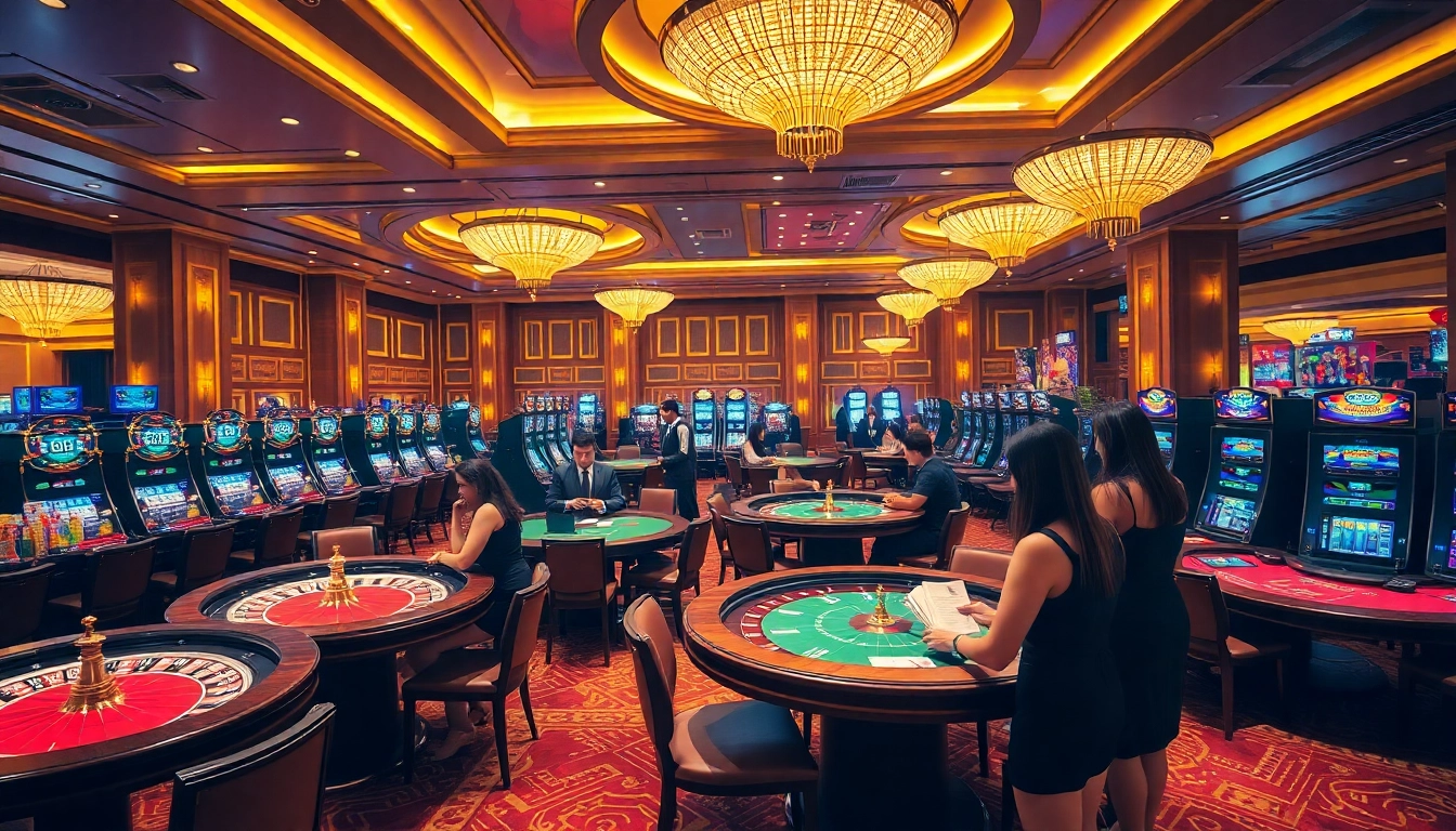 Excited players at Tập đoàn truyền thông TPJ casino tables, showcasing vibrant gambling action with roulette and poker.