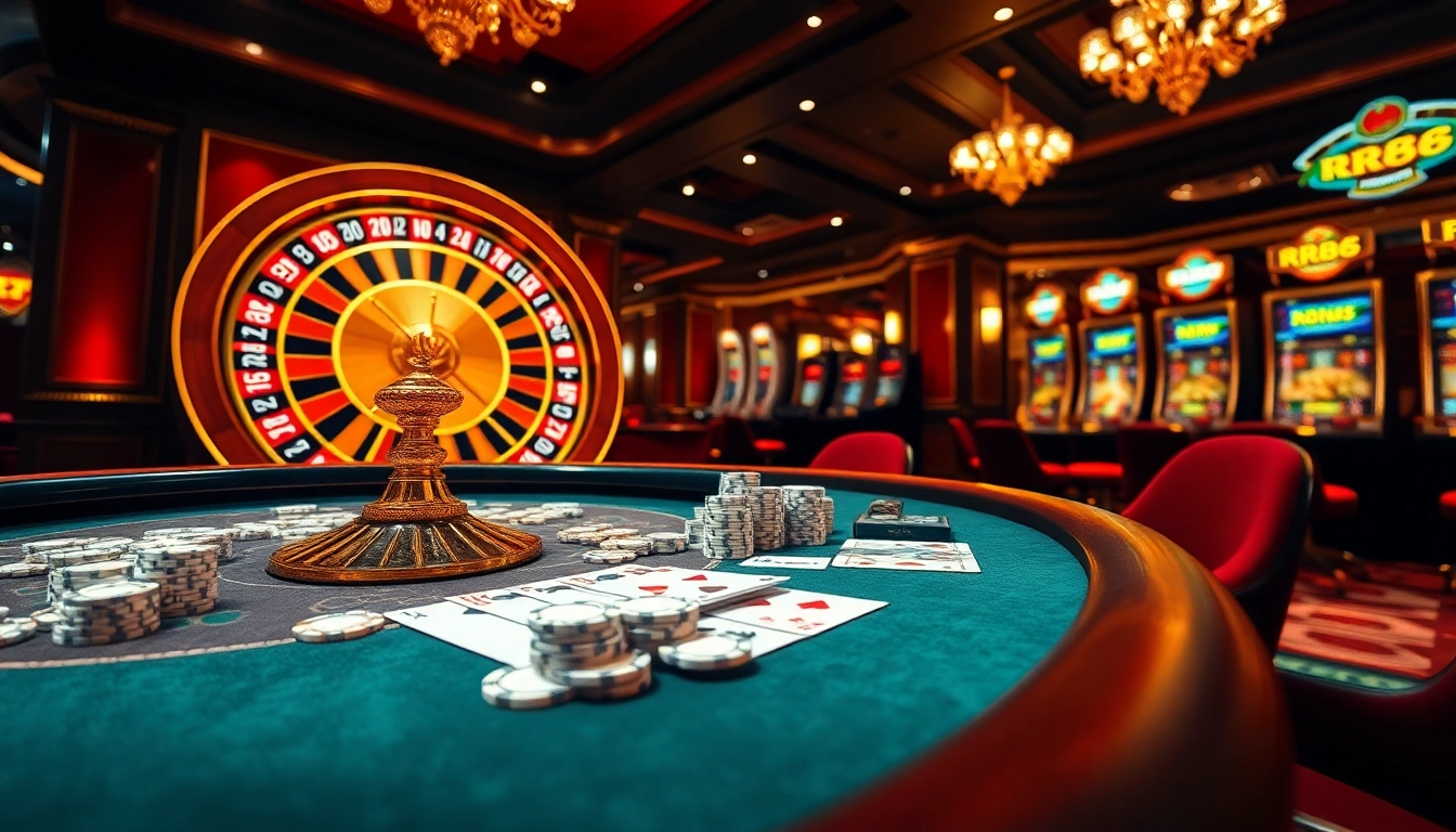 Experience the thrill of RR88 with vibrant casino tables, lively poker chips, and a stunning roulette wheel.