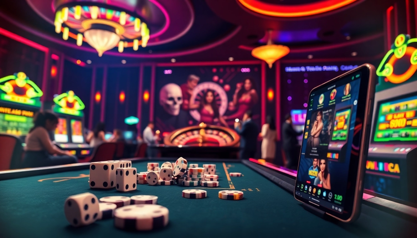 A thrilling scene showcasing alo789's online casino with vibrant poker tables and slot machines.