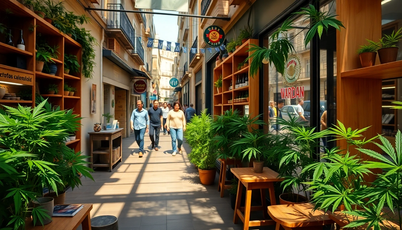 Explore the inviting atmosphere of an association cannabis shop Madrid with cozy interiors and vibrant street.