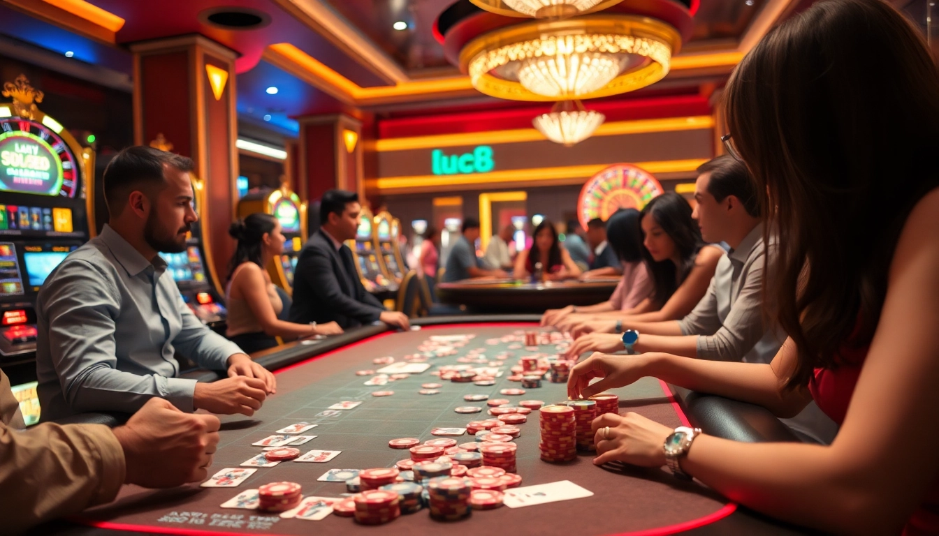 Players winning big at Luck8 casino with vibrant poker chips and cards on a luxury table.