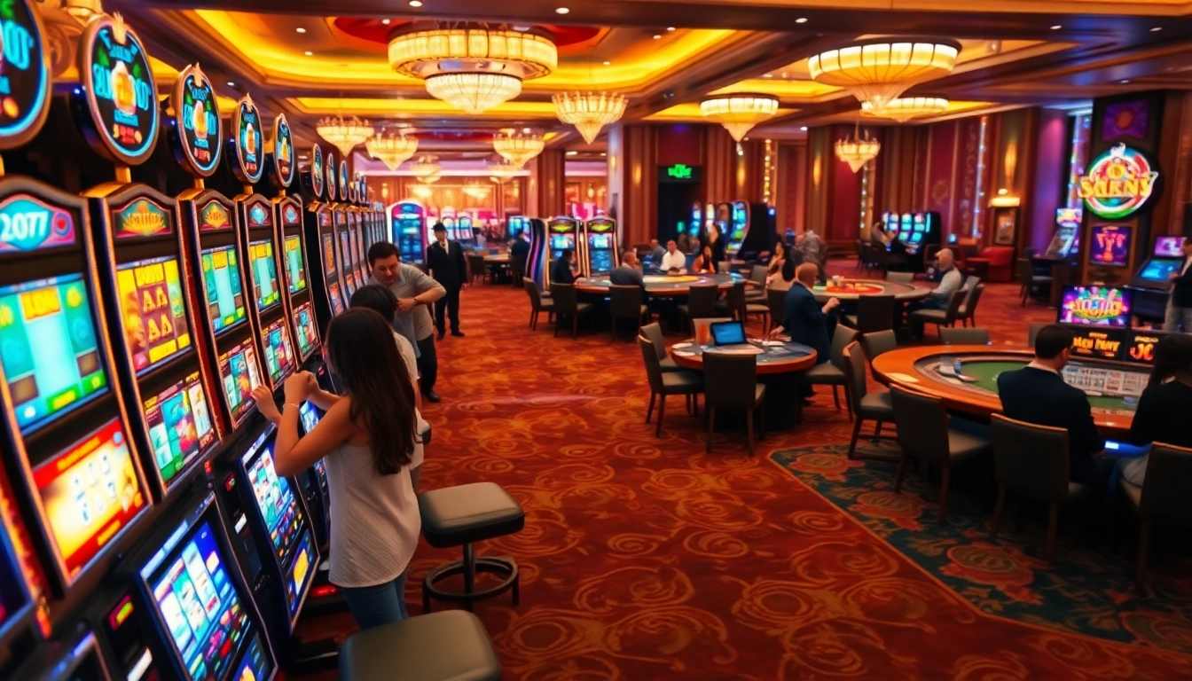Players engaging with nổ hũ slot machines in a luxurious casino setting, highlighting excitement.