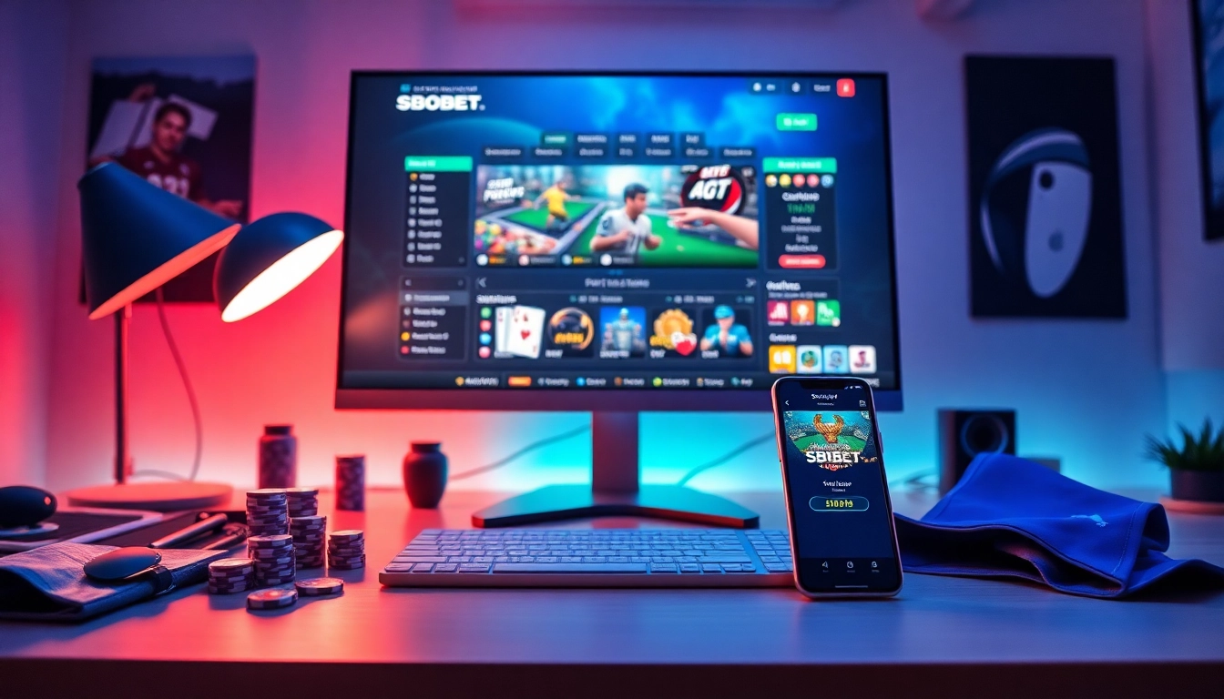Sleek SBOBET gaming setup showcasing sportsbook and casino games on a modern desktop.