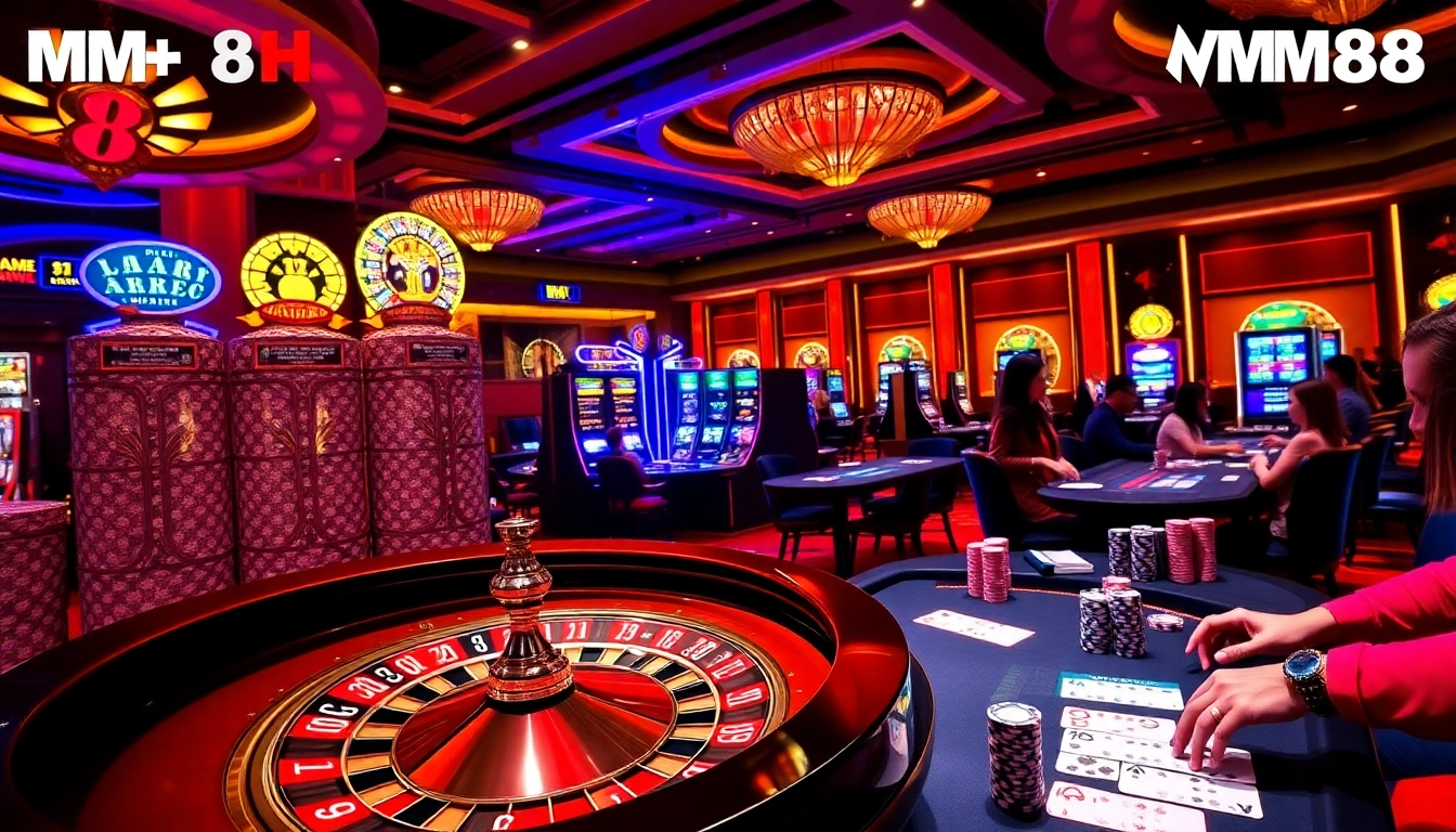 Players enjoying MM88 SH online casino, featuring a luxurious roulette wheel and engaging table games.