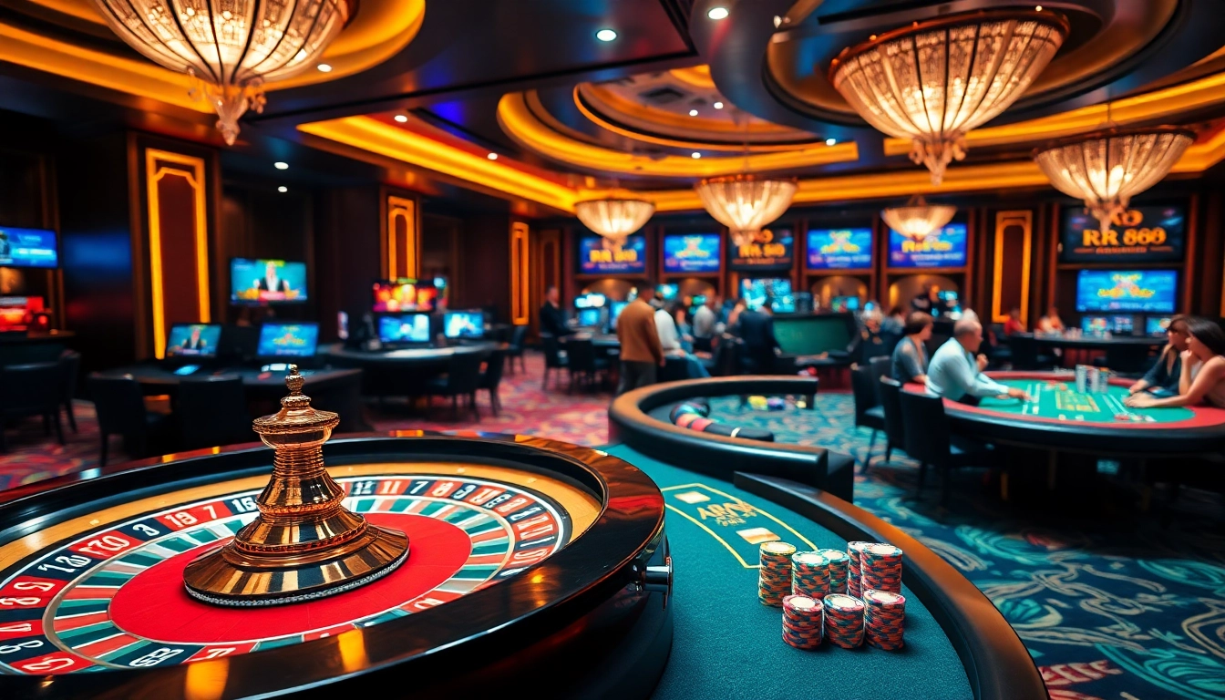 Experience the thrill of RR 88 with an engaging casino scene showcasing poker chips and roulette.