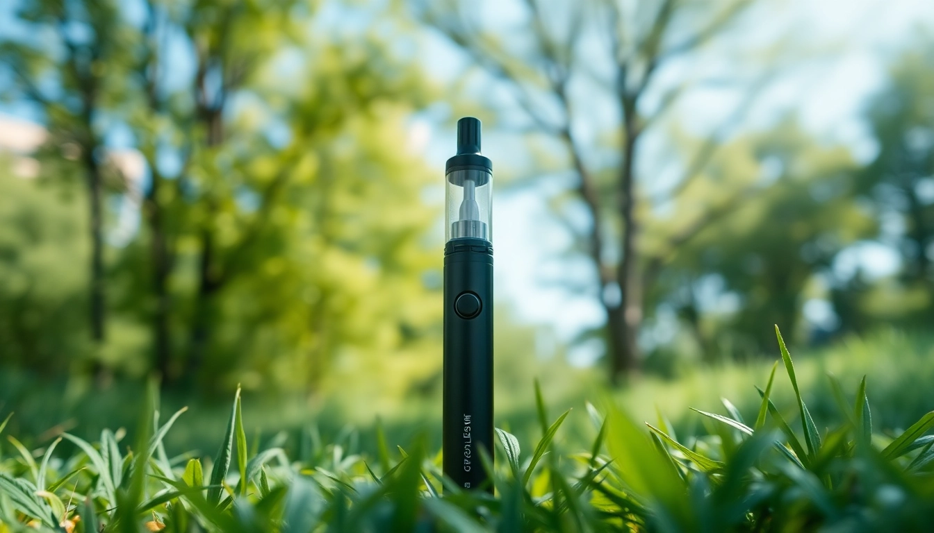 Buy DMT: Sleek DMT vape pen prominently displayed in a tranquil nature setting.
