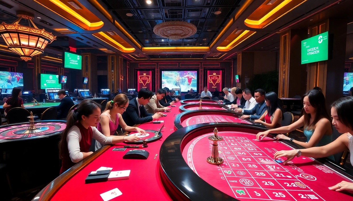 Players enjoying a thrilling game at a luxury casino featuring Liên Minh KJC elements.