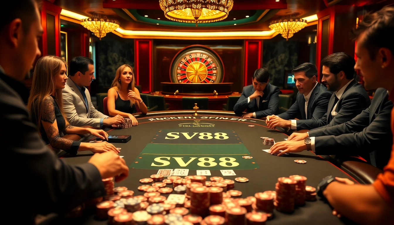 SV88 poker players strategizing at a luxurious casino table with chips and cards.