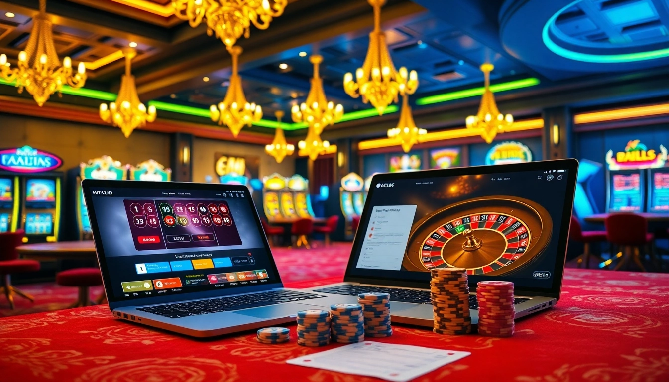 Hit Club casino scene featuring vibrant tables, slot machines, and poker chips in an upscale atmosphere.