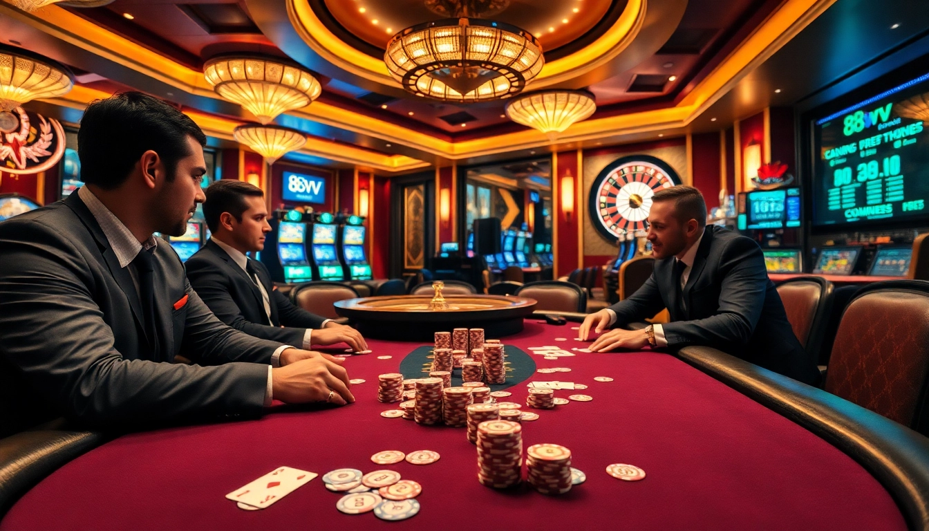 High-stakes poker table with vibrant chips and cards showcasing the 88vv casino brand excitement.