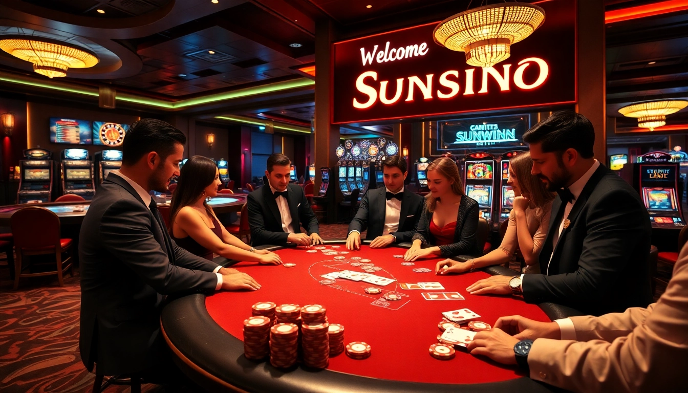 Experience the thrill of winning at Sunwin Casino with vibrant poker tables and slot machines.