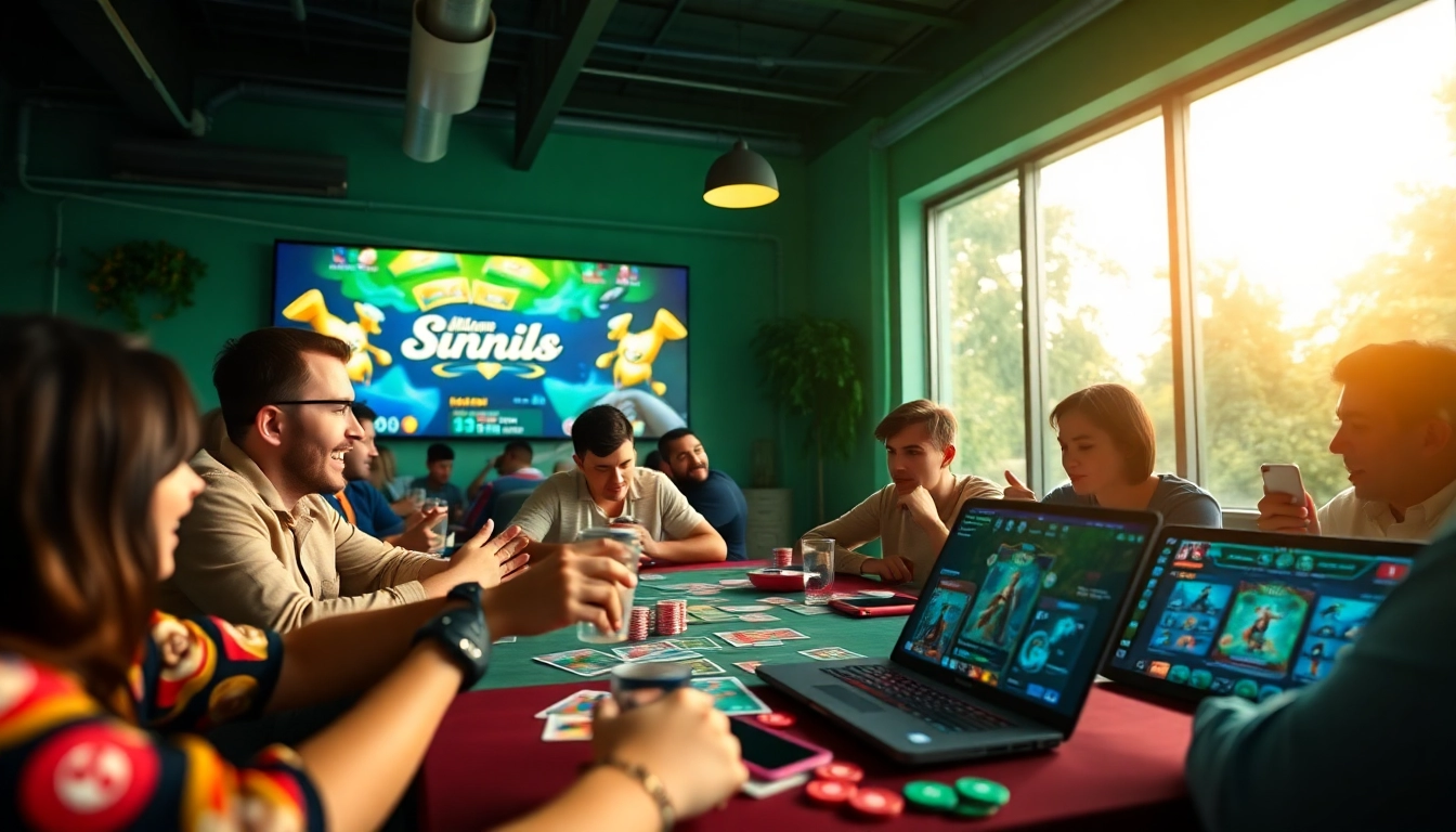 Engaging online gaming scene at topgamebaidoithuong.mx with players enjoying card games and vibrant game elements.