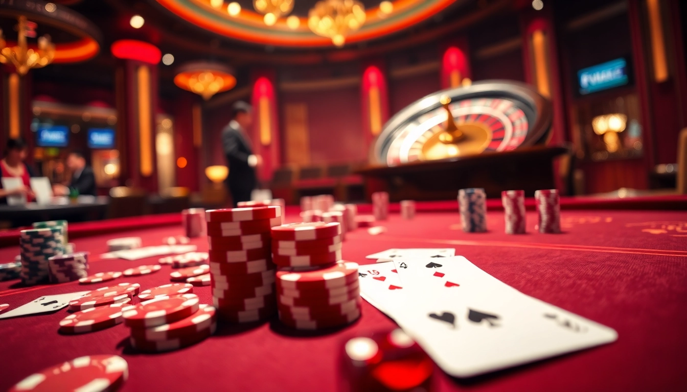 A vibrant casino scene showcasing the exciting gaming experience at trang chủ PS99, with poker chips and a spinning roulette wheel.