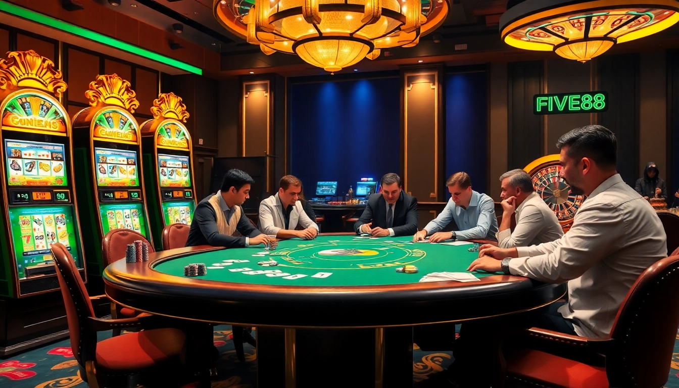 Five88 players engaged in an exciting poker game at a luxurious casino table, filled with chips and cards.