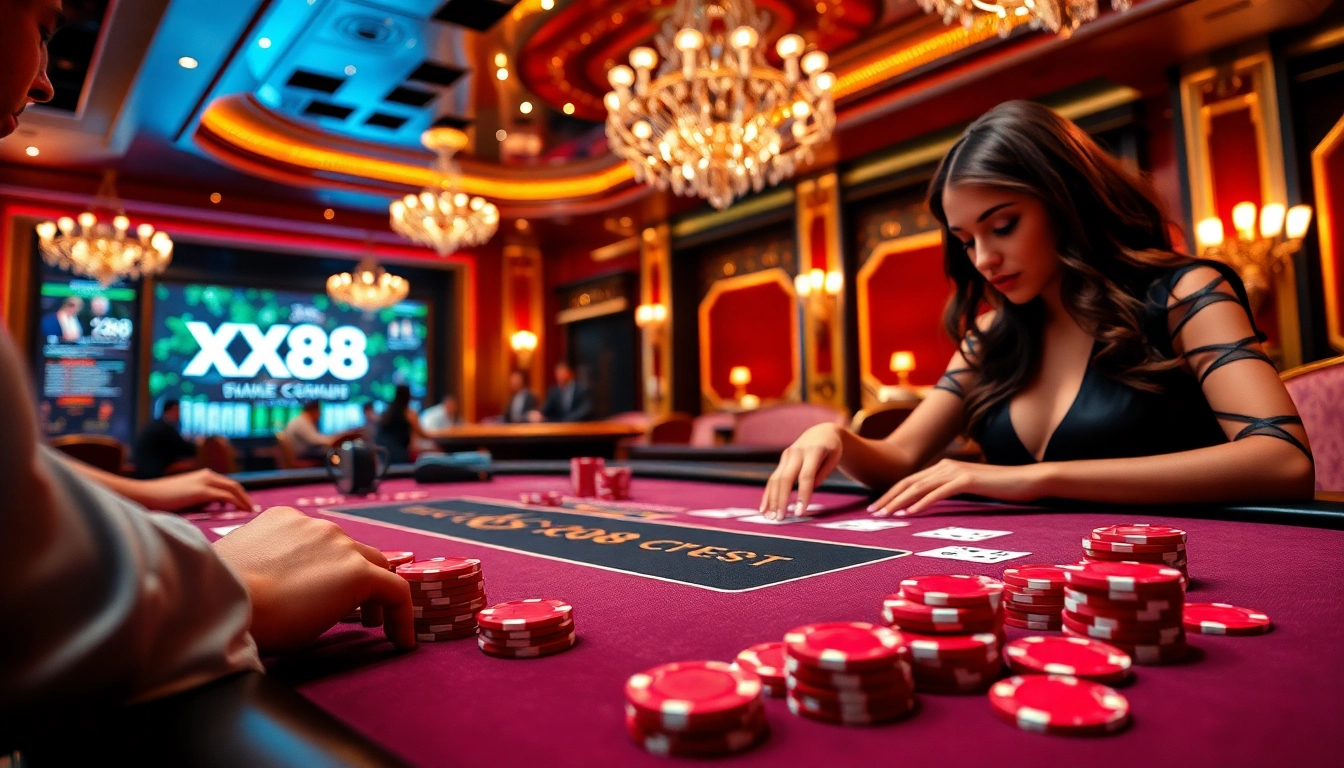 Intense poker action at a glamorous casino with XX88 branding on chips and tables.