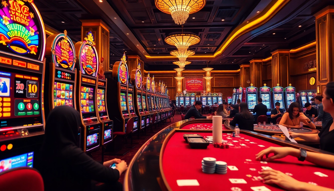 Play nổ hũ at luxurious casino slot machines surrounded by excited gamblers and vibrant rewards.