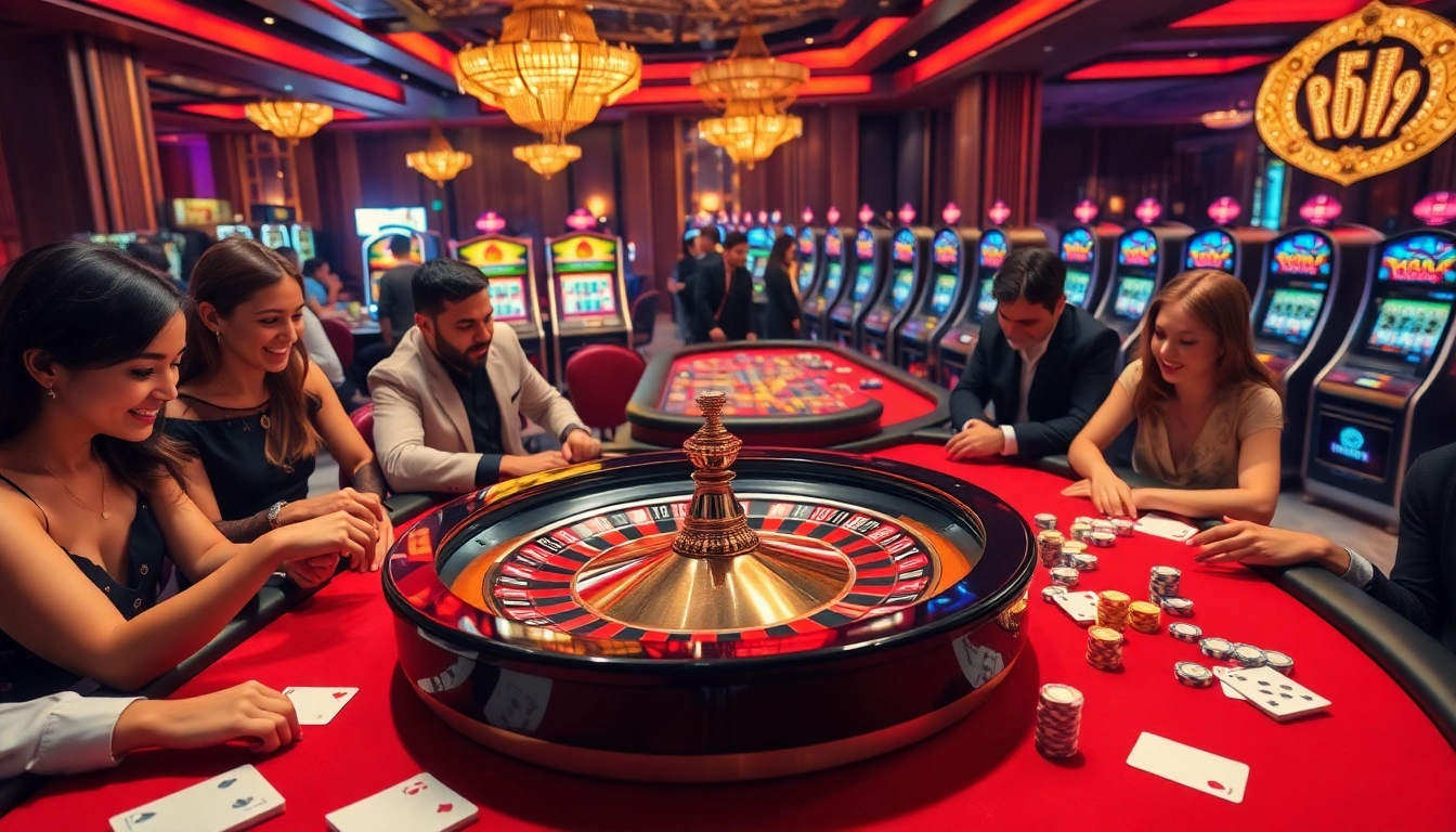 Players strategizing around the roulette wheel in an upscale casino scene featuring RR99 designs.
