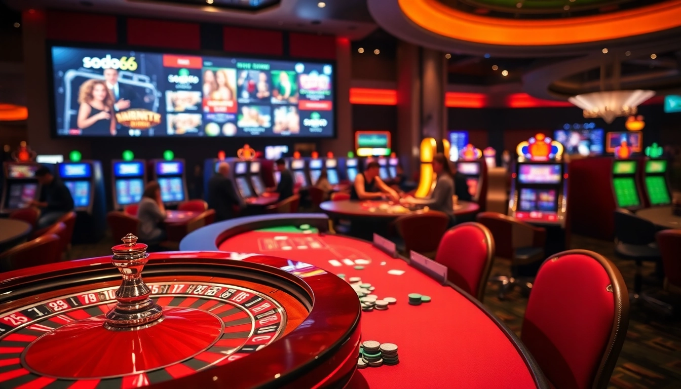SODO66 casino players engaged in thrilling games at vibrant tables, showcasing excitement and luxury.