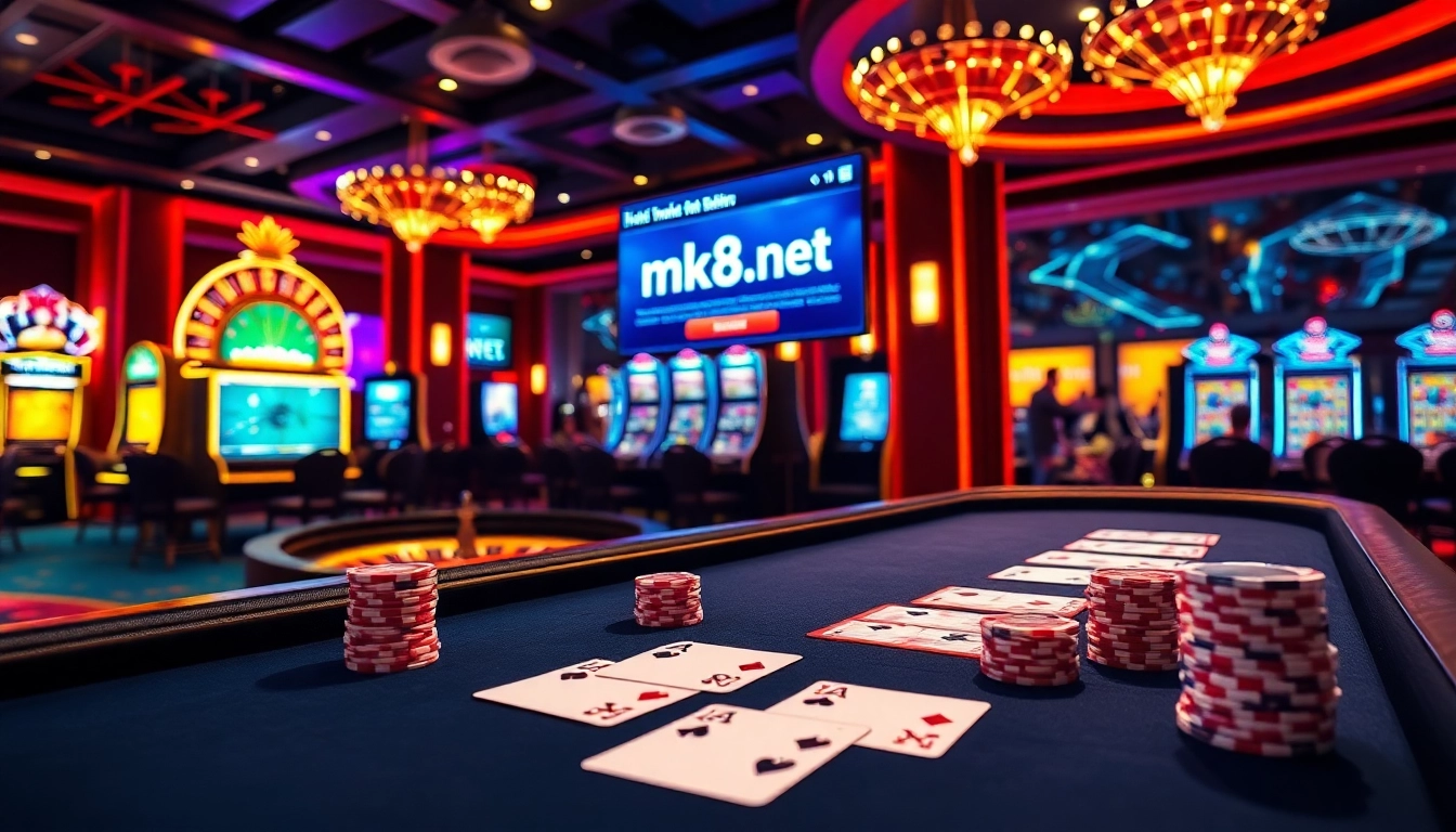 Engage with high-stakes action at mk8th.net, featuring a luxurious poker scene with glimmering chips and vibrant roulette tables.