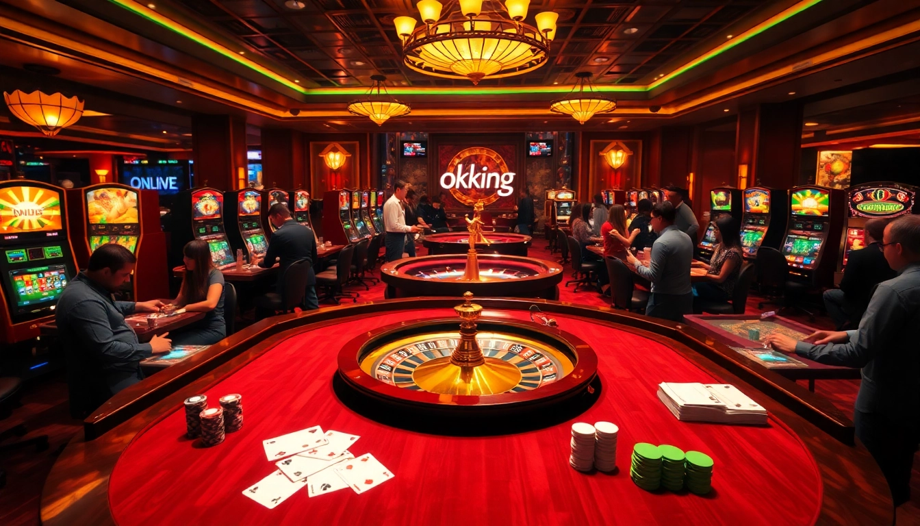Experience the thrill of gambling at an upscale casino with okking features like poker chips and vibrant slot machines.