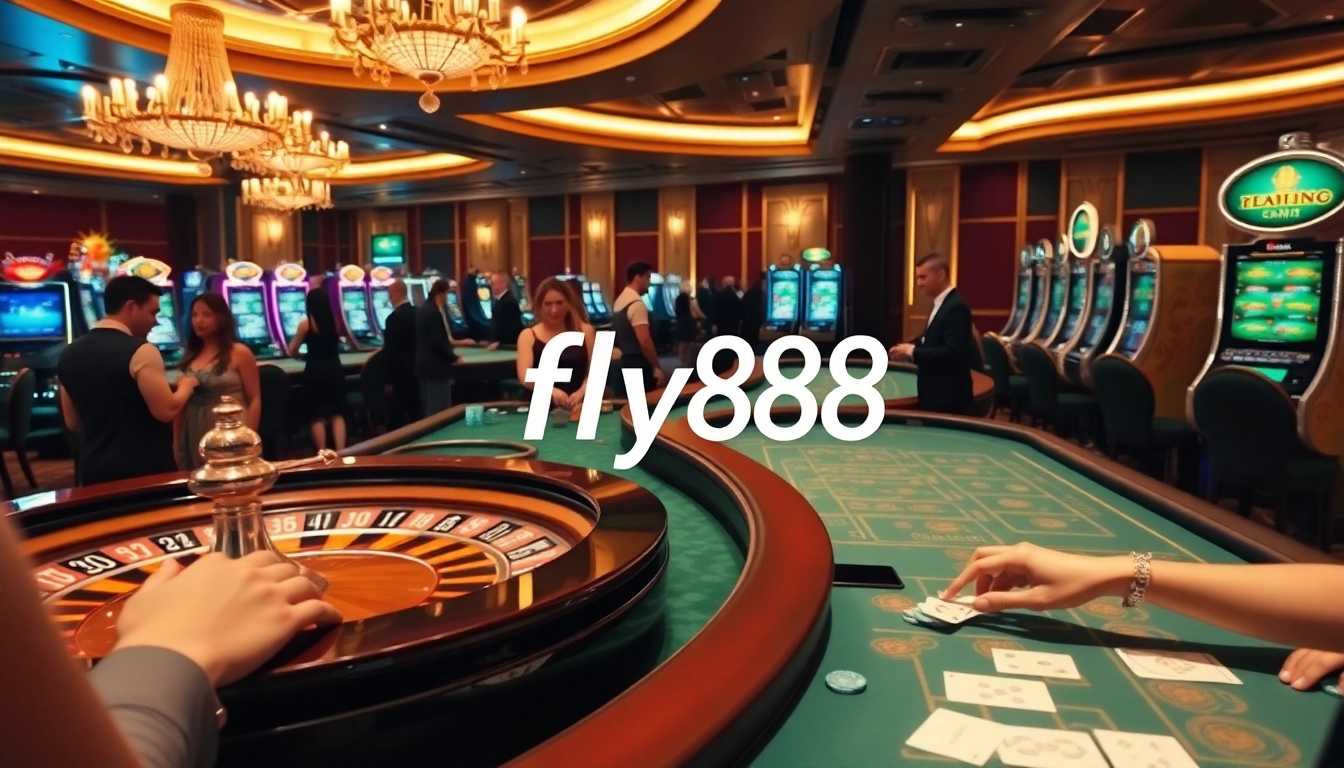 Experience the excitement of fly88 with vibrant casino gaming, roulette, and poker, all captured in a stunning scene.