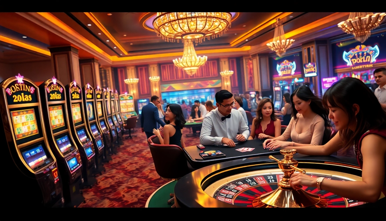 The lively gaming atmosphere at http://fabet0.com/ shows players at elegant casino tables, enjoying poker and roulette.
