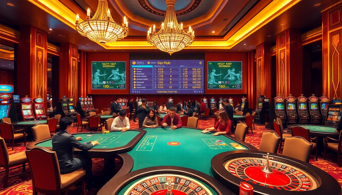 Engaging Kèo Bóng Đá betting scene in a luxurious casino setting with players and odds display.