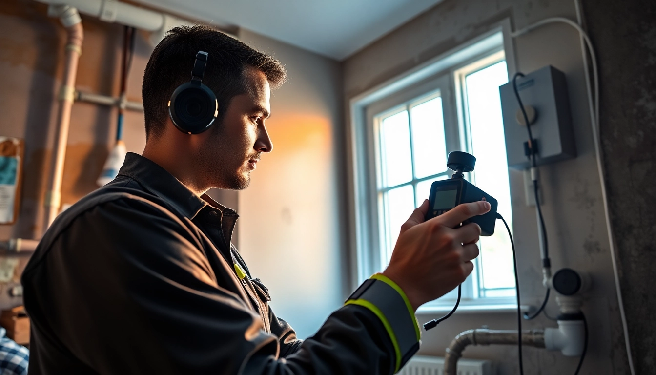 Leak detection technician using advanced tools for precision in a domestic setting.