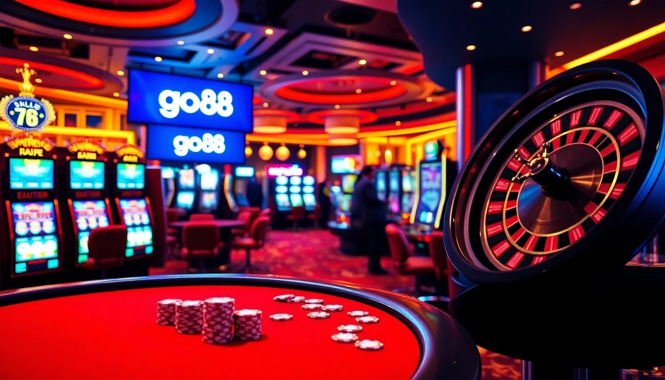 Engaging players at the go88 casino with vibrant gaming scenes featuring poker tables and slot machines.
