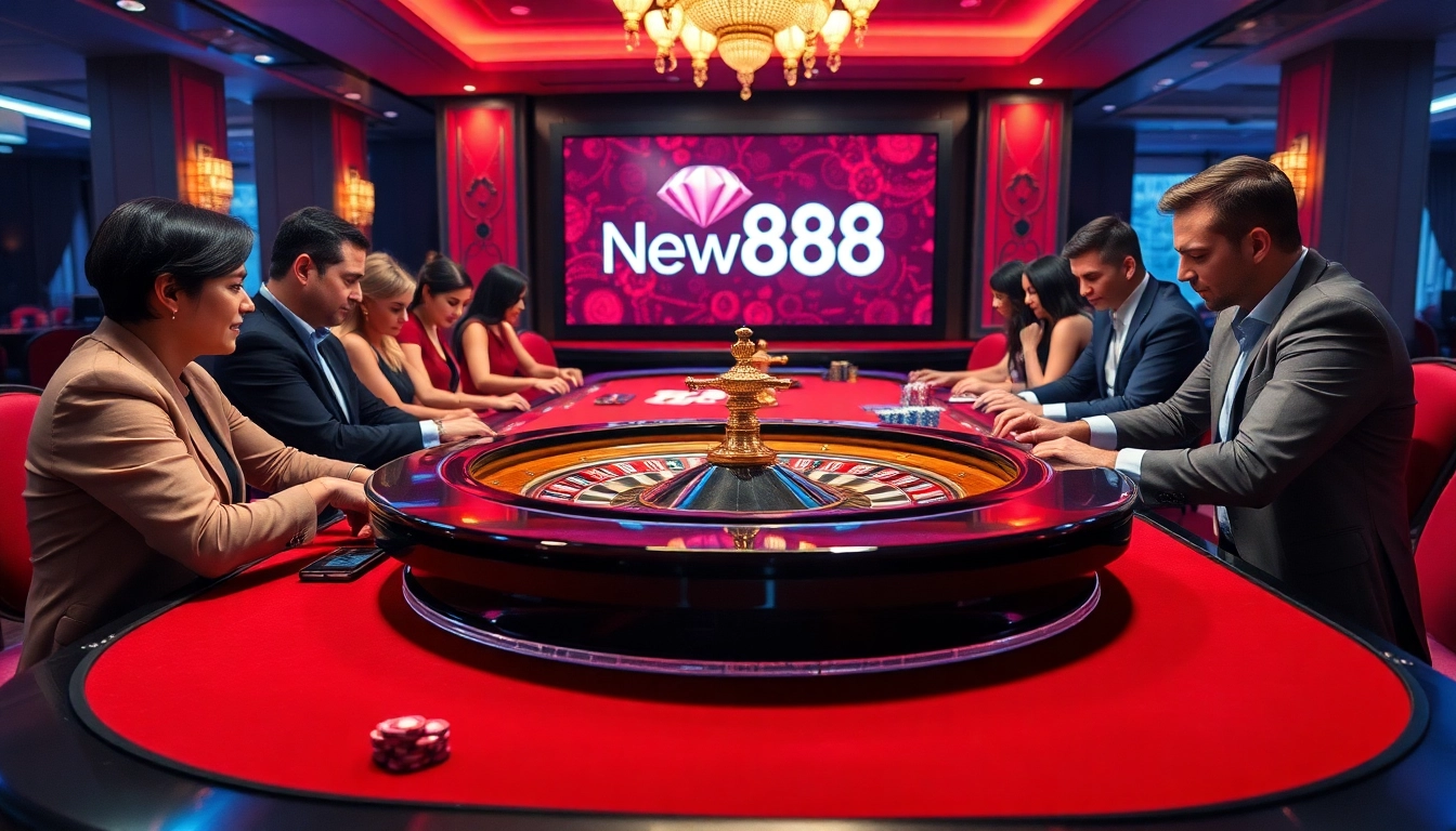 Experience the thrill of gambling at New888 with an elegant casino scene featuring roulette and professional players.