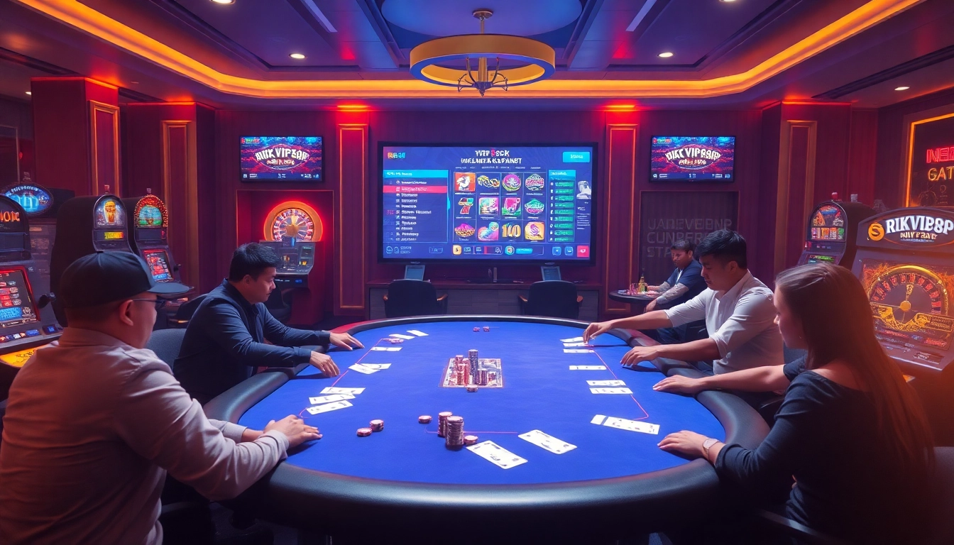 The excitement of poker gameplay at rikvip368.com amidst luxurious casino elements and vibrant slot machines.