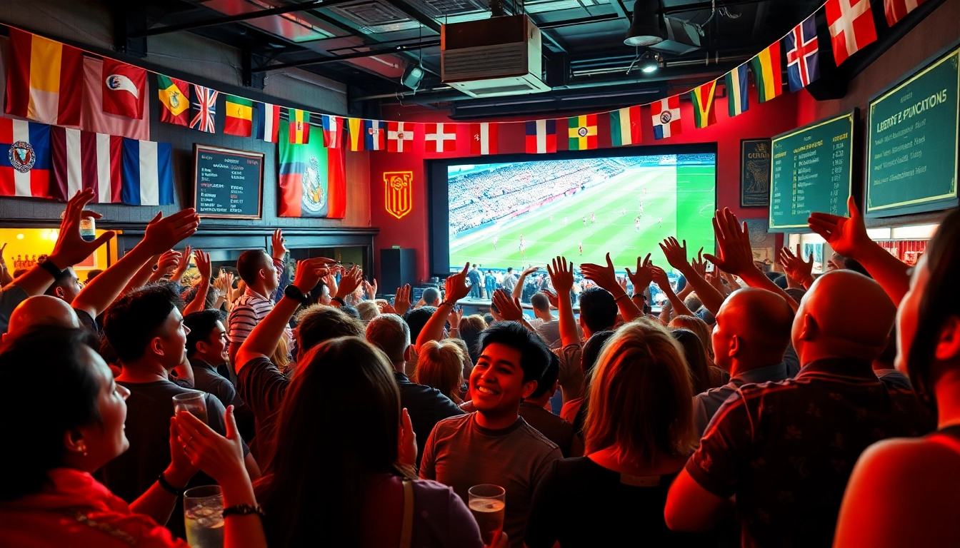 Excited fans watching a football match live at a sports bar, embodying the vaoluoitv experience.