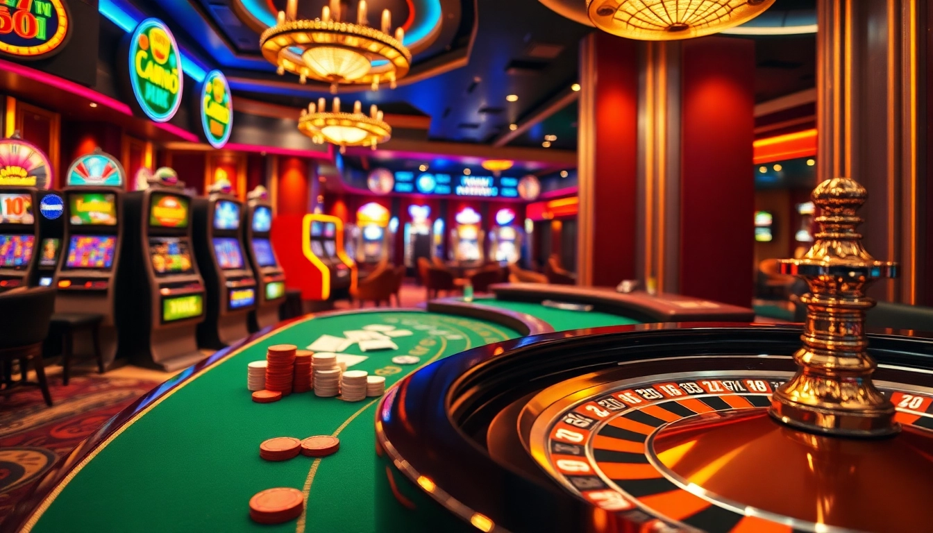 Experience the thrill of win55 at an upscale casino with vibrant slot machines and poker tables.