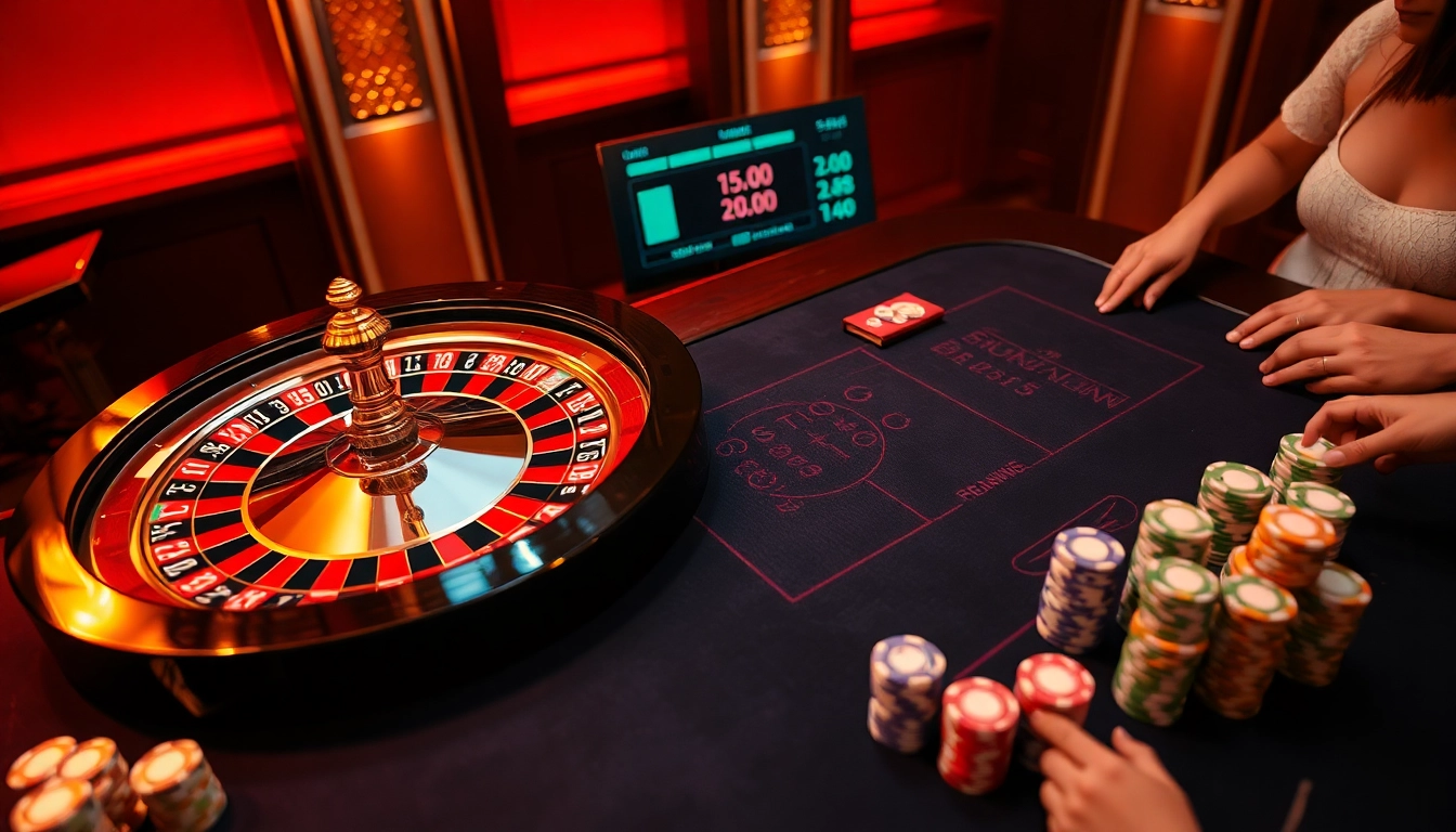 Trải nghiệm cảm giác hồi hộp tại https://luck8.net với các chips sắc màu và roulette trên bàn casino sang trọng.