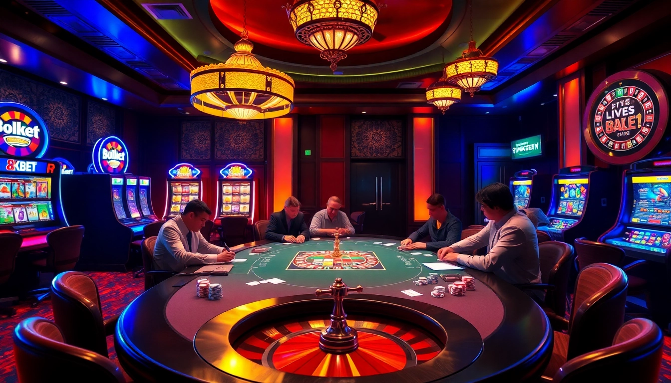 Exciting gambling scene at 8KBET with vibrant poker action and luxury casino decor.