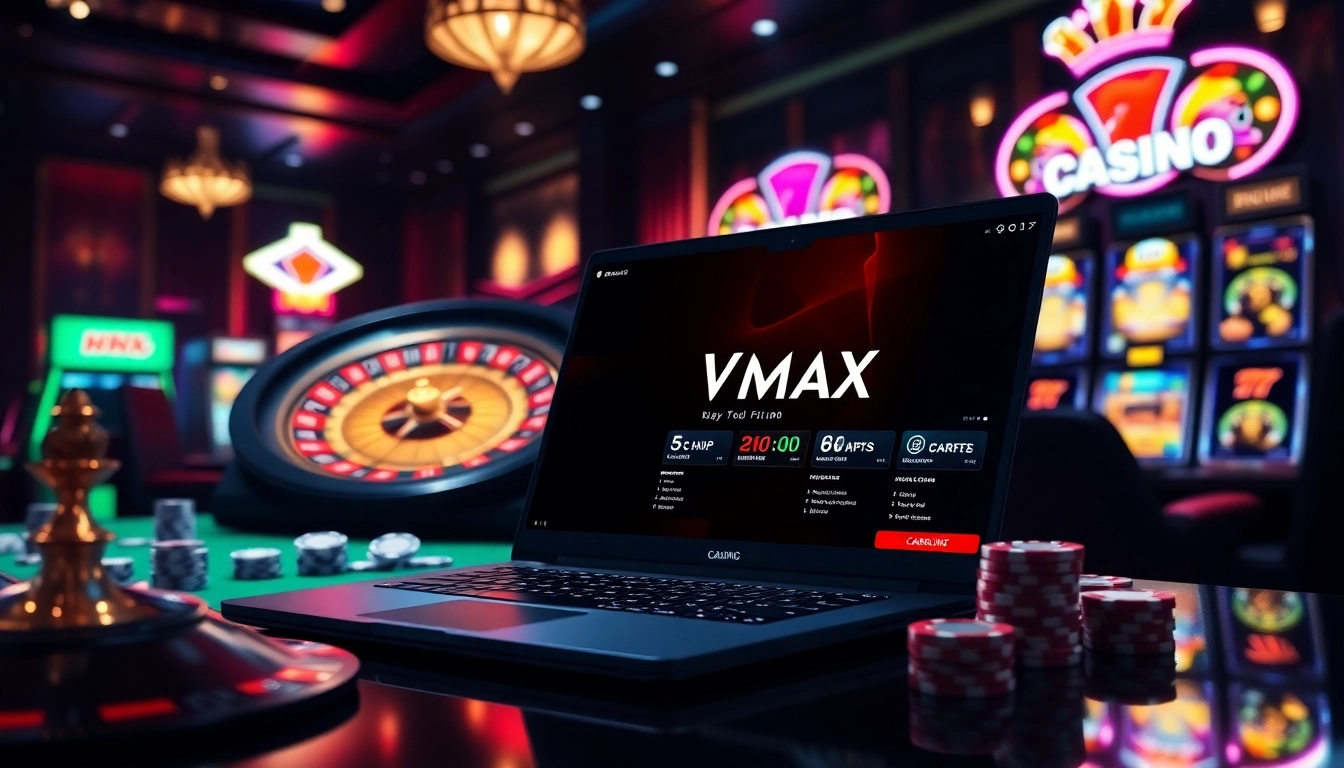 VMAX online casino interface displaying thrilling gaming action with poker chips and roulette.