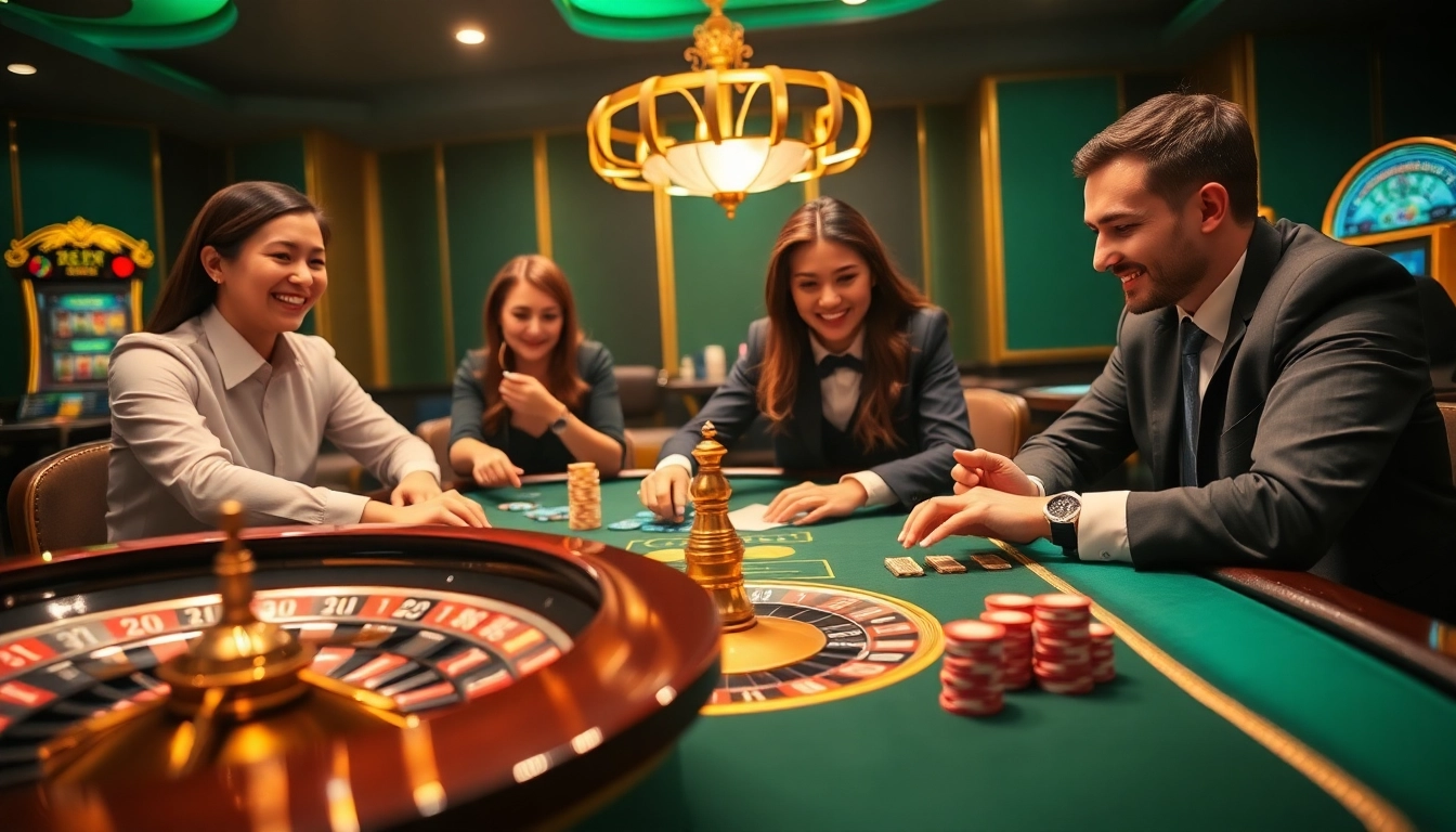 Experience the thrilling atmosphere of 789win with players at a casino table and vibrant gaming elements.