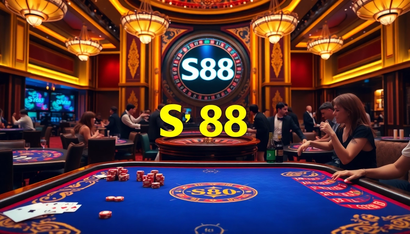 S88 enhances the gambling experience at a vibrant casino with tables, cards, and roulette wheels.