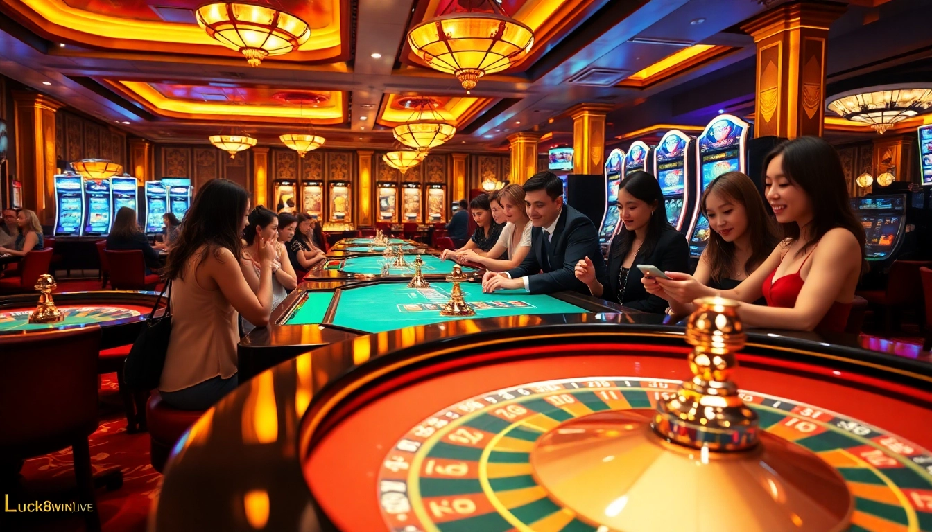 Experience the thrill of online gambling at luck8win.live with an exciting casino scene showing interactive games and happy players.