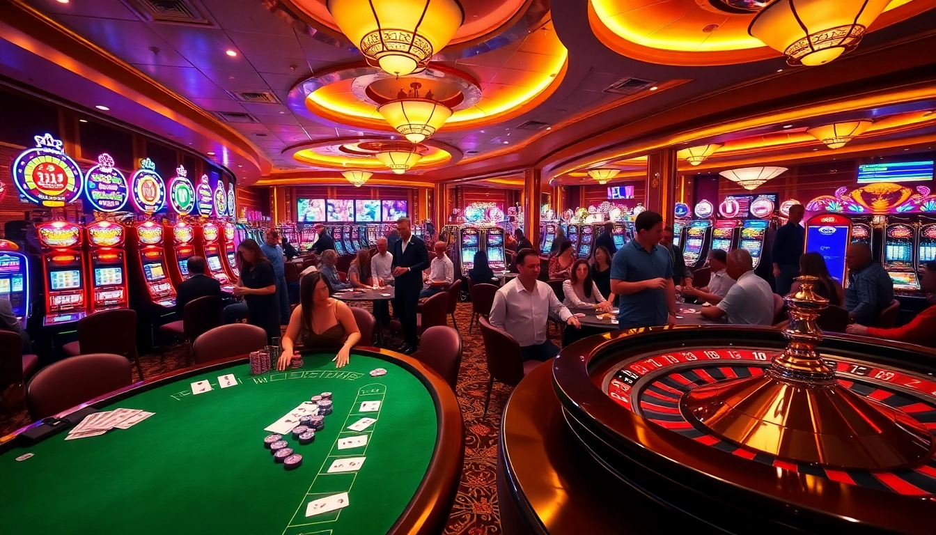 Experience the vibrant excitement of winning at https://www.6rwin5.com/ with players at casino tables and slot machines.