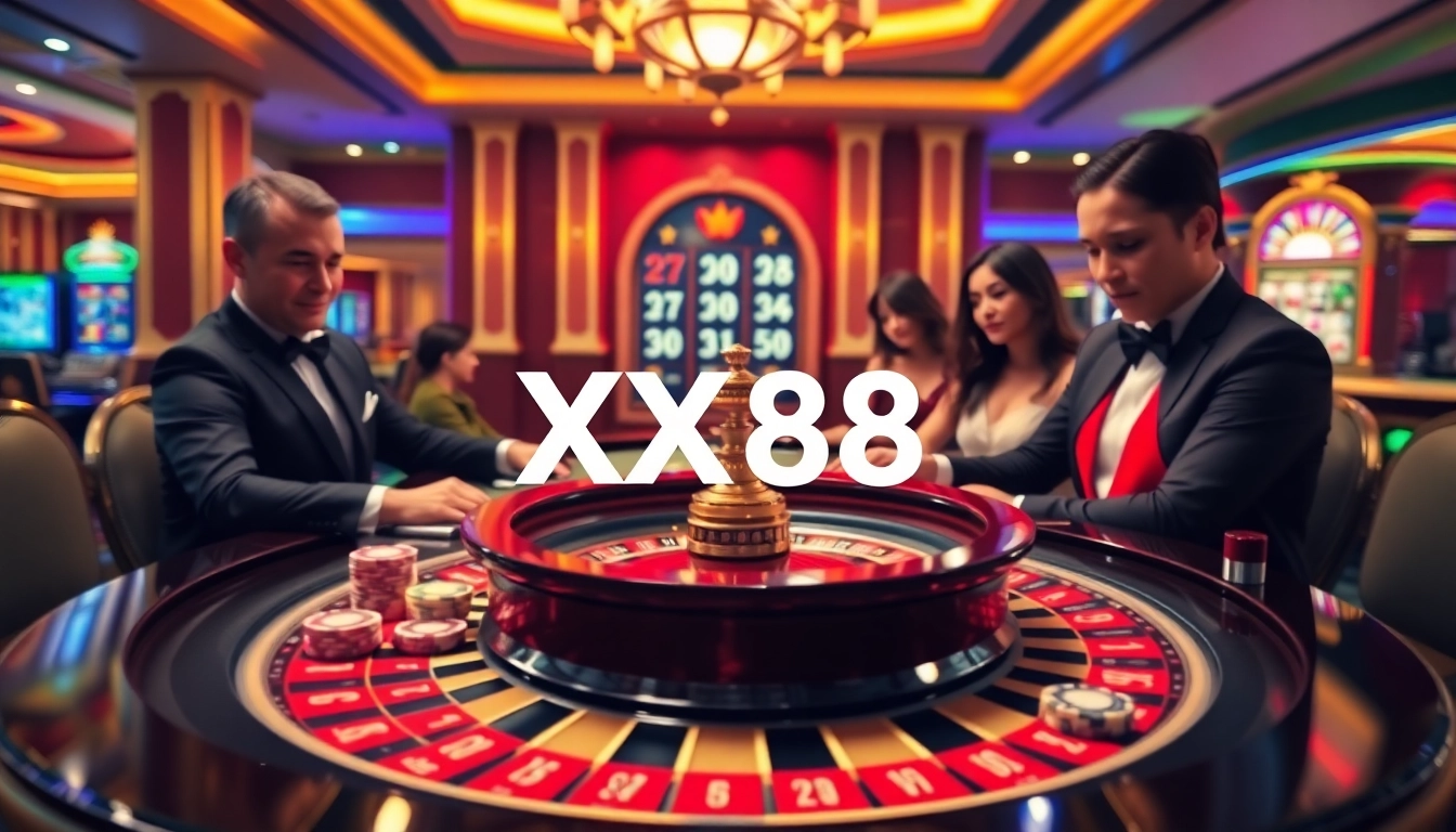 Players engaging at the XX88 roulette table, showcasing excitement and luxury in a vibrant casino setting.