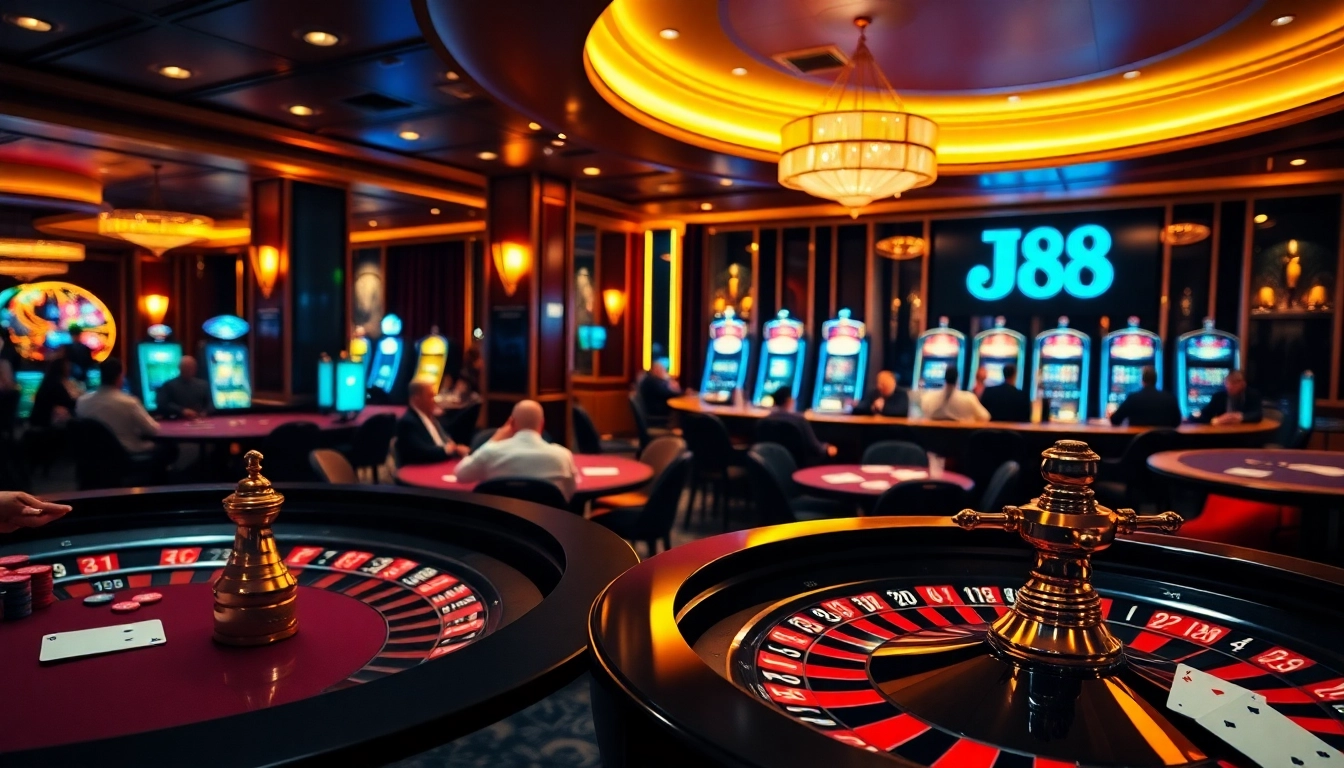 Engaging players at casino tables and slots with a J88 themed luxury atmosphere