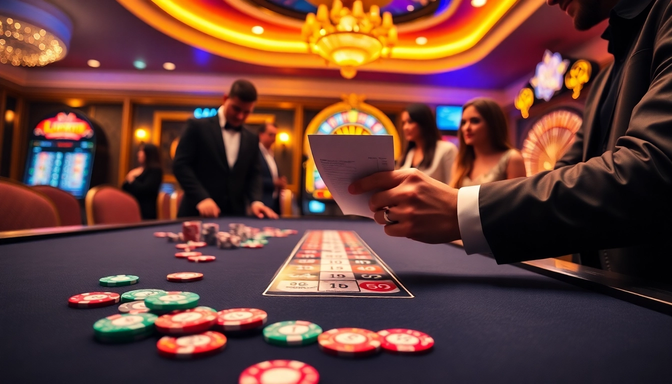Gamblers enjoying a thrilling moment at Luck8's casino, showcasing poker chips and a roulette wheel.