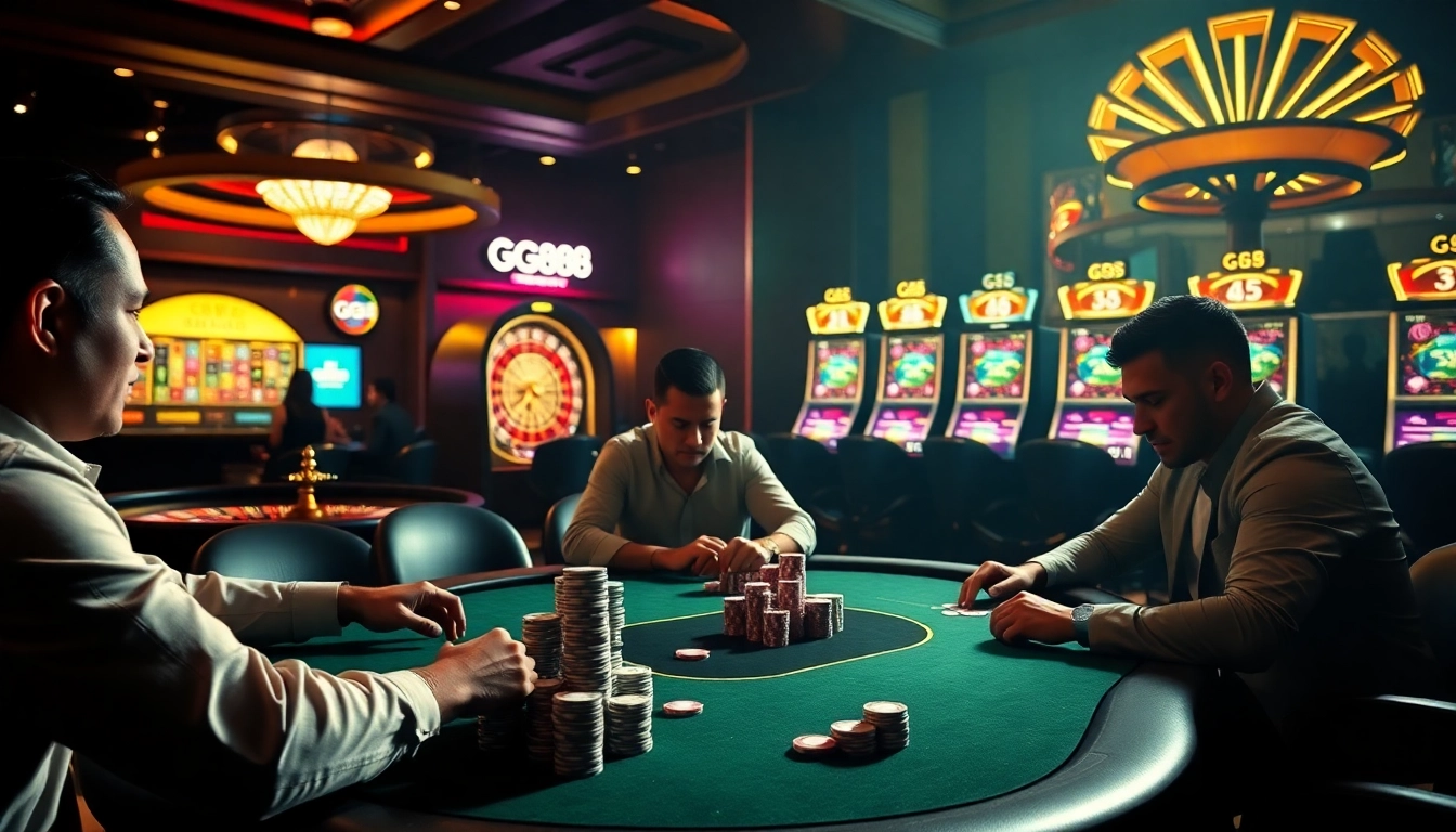 Players enjoy a strategic poker game featuring GG88 chips and vibrant casino elements.