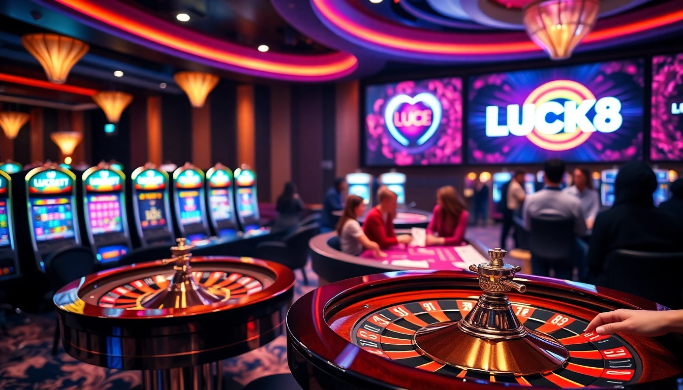 LUCK8 players enjoying an exciting game experience at an elegant casino table with vibrant slots.