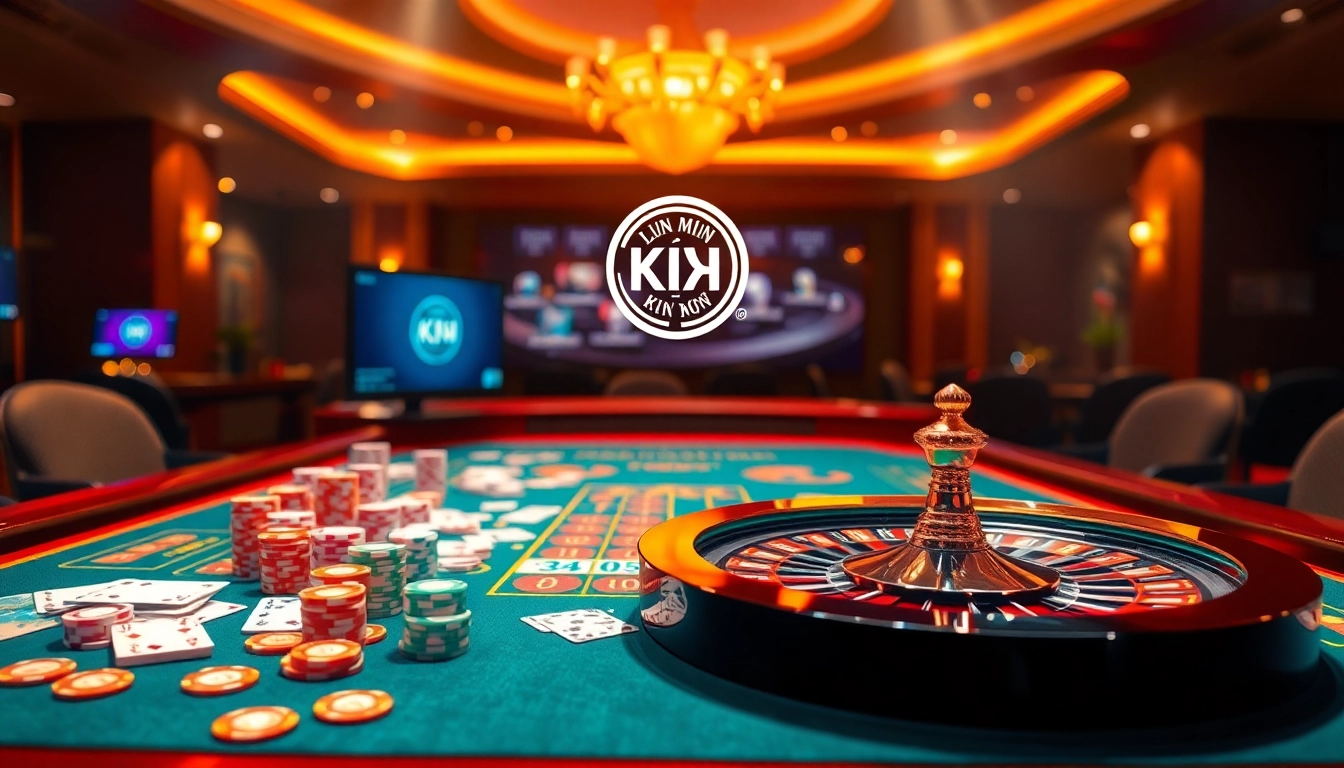 Experience the thrill of gambling with LIÊN MINH KJC at an elegant casino table filled with vibrant chips.