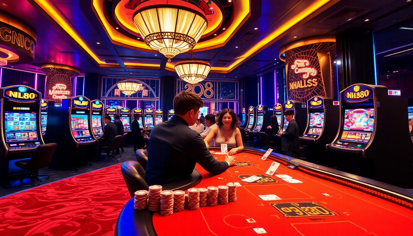 Experience the excitement of NH88 with vibrant casino visuals highlighting thrilling gambling action.