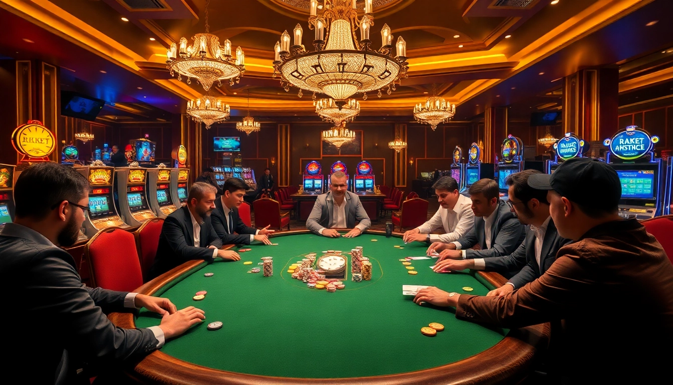 RIKBET players engaging in a thrilling poker game surrounded by vibrant casino elements.
