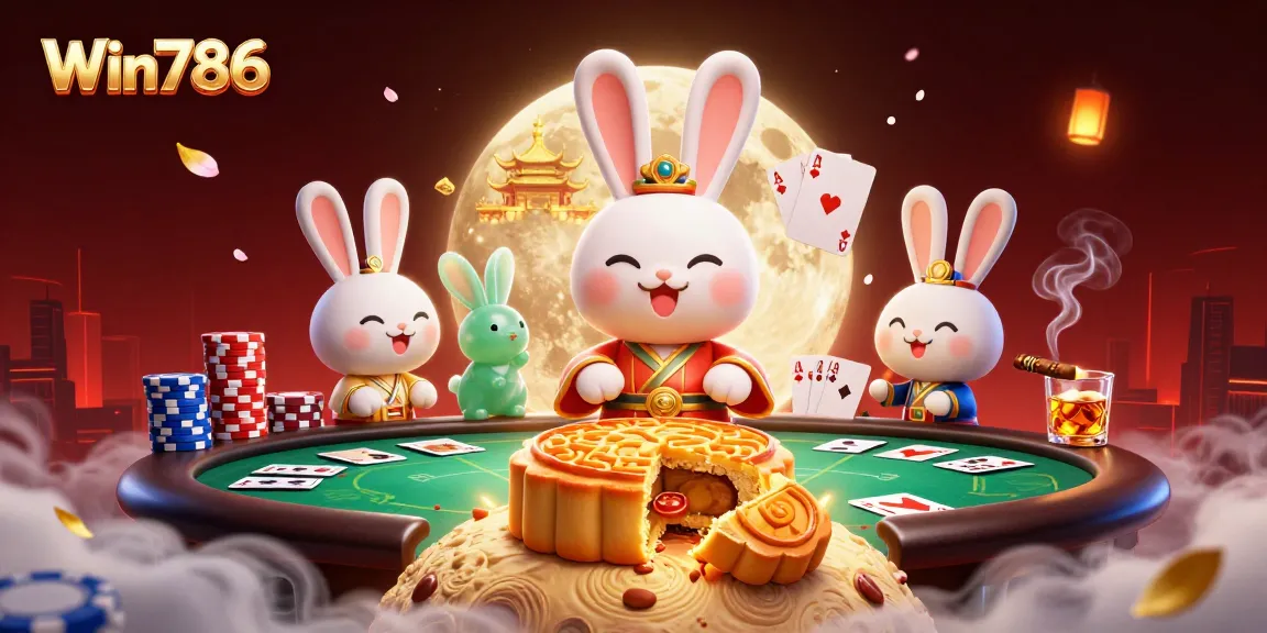 Win786's exciting casino experience featuring a moon rabbit and poker elements in a vibrant illustration.