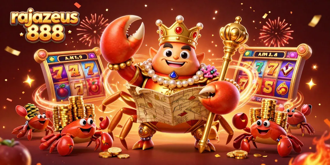 Engage with rajazeus 888's vibrant jackpot slots featuring a golden crab emperor surrounded by lucky symbols.